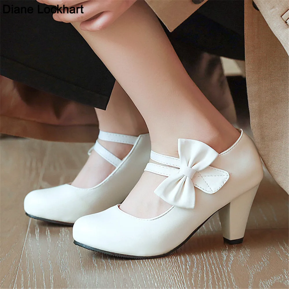 Spring Women High Heels Ankle Strap Mary Jane Pumps Party Wedding Cosplay White Red Black Bow Princess Lolita Shoes Size 34-46 1