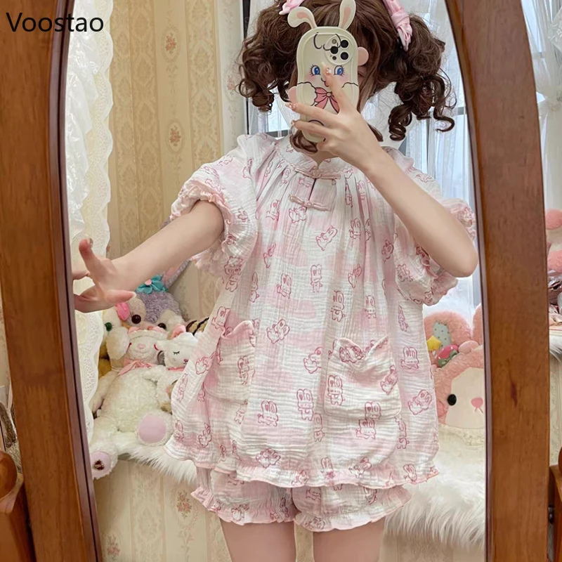 Kawaii Lolita Style Bunny Print Pajamas Set Girly Cute Short Sleeve Tops Shorts Suit Women Casual Princess Homewear Pijama Mujer 1