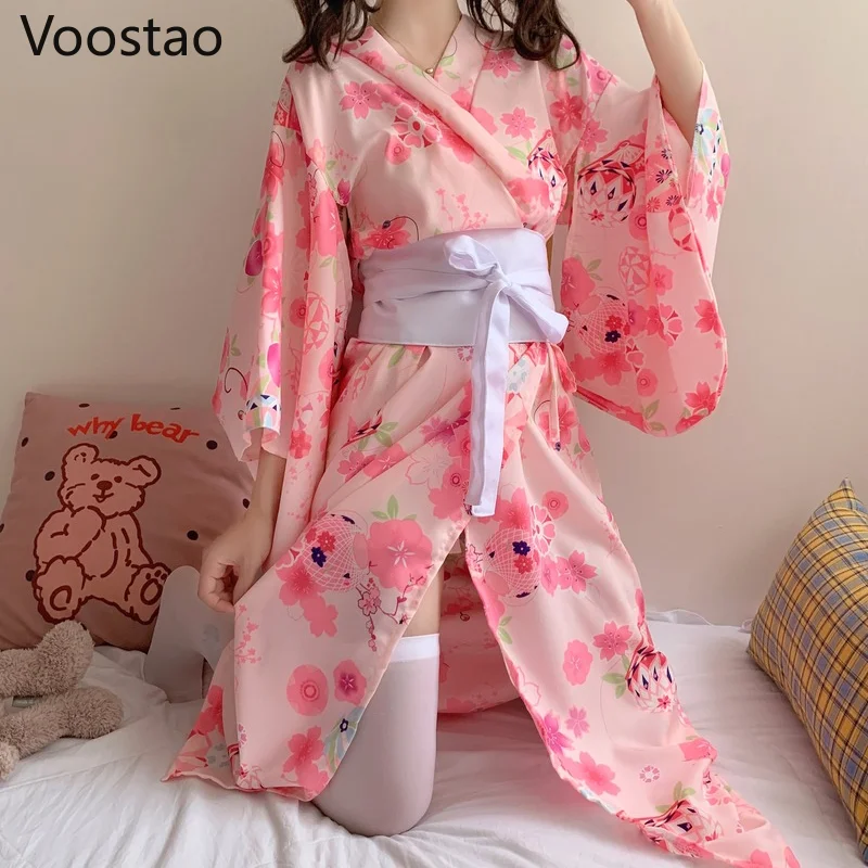 Spring Autumn Japanese Kimono Floral Yukata Robe Sweet Women Cute Bowknot Long Sleeve Pajamas Dress Girls Sexy Cosplay Nightgown 1