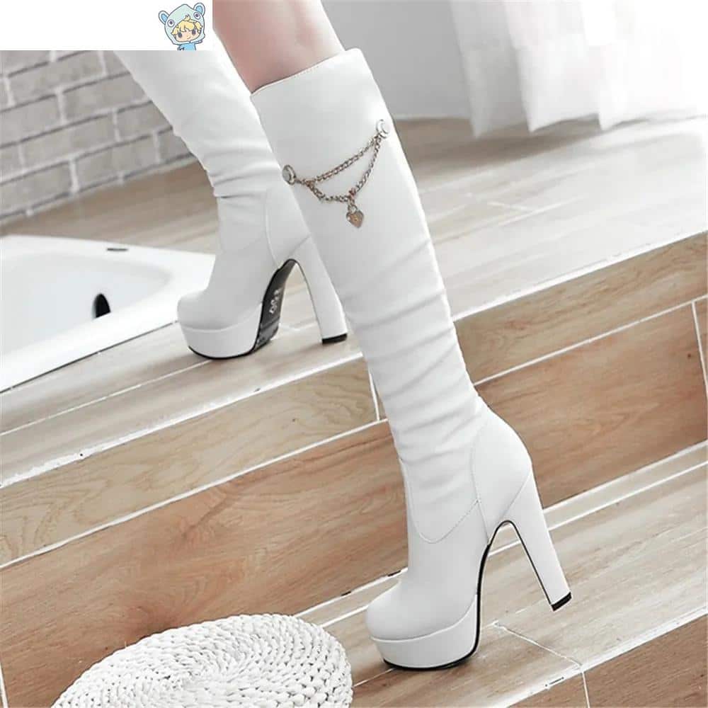 Herbst Winter Kniehohe Stiefel Schwarz Weiß Rosa Stiletto Absatz Platform Stiefeletten Chain Boots 2 309950281