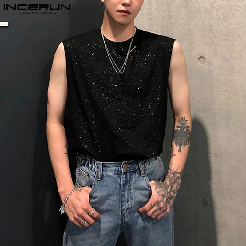 2023 Men Tank Tops Solid Shiny Streetwear O-neck Sleeveless Hollow Out Male Vests Party Summer Casual Men Clothing S-5XL INCERUN 1