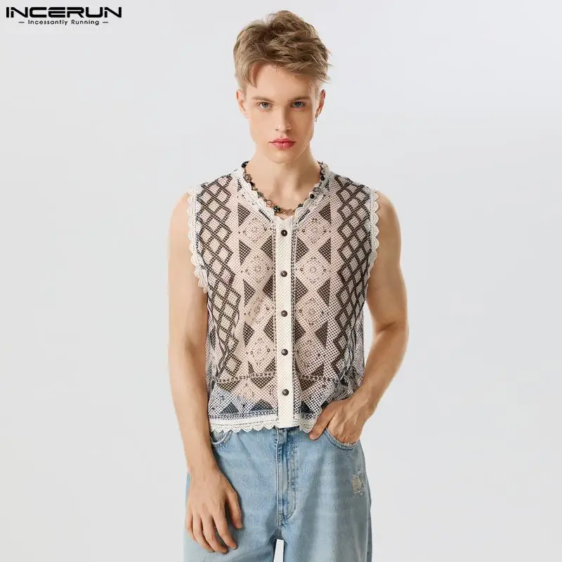 2023 Men Tank Tops Printing Mesh Patchwork Transparent Lace V Neck Sleeve Button-up Vests Streetwear Sexy Male Crop Tops INCERUN 1