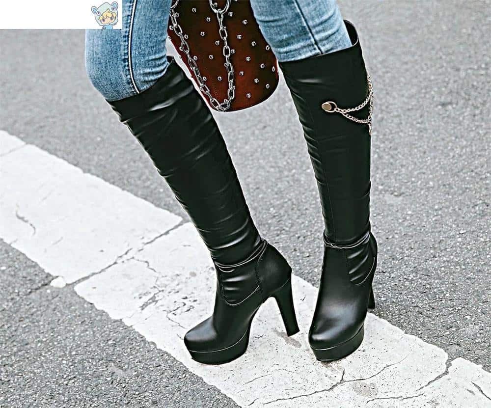 Herbst Winter Kniehohe Stiefel Schwarz Weiß Rosa Stiletto Absatz Platform Stiefeletten Chain Boots 29 503802245
