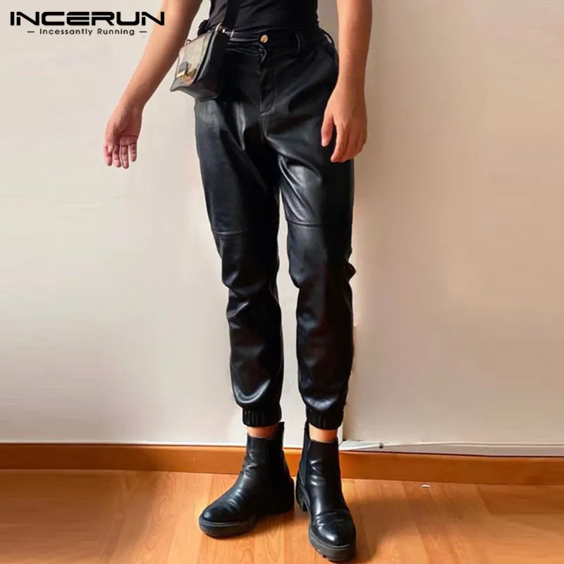 Men Pants Solid Joggers Button PU Leather Autumn Pockets Trousers Men Streetwear 2023 Fashion Casual Pantalon S-5XL INCERUN 1