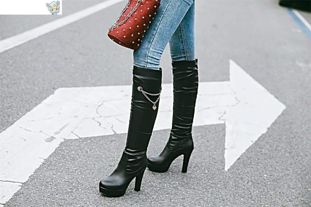 Herbst Winter Kniehohe Stiefel Schwarz Weiß Rosa Stiletto Absatz Platform Stiefeletten Chain Boots 30 622276527