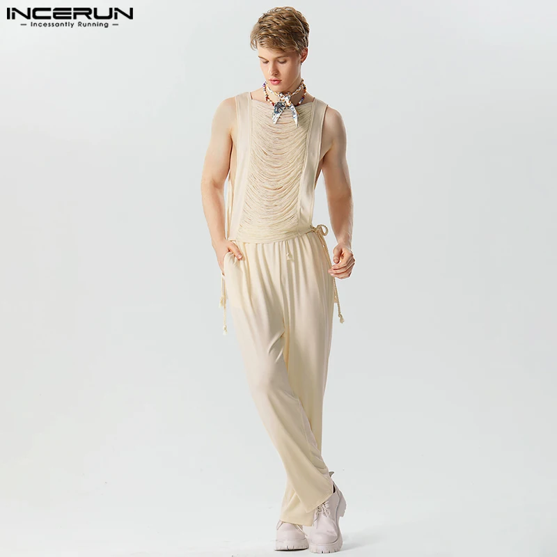 2023 Fashion Men Sets Solid Tassel Transparent Streetwear Hollow Out Sleeveless Tank Tops & Pants 2PCS Men's Suits S-5XL INCERUN 1