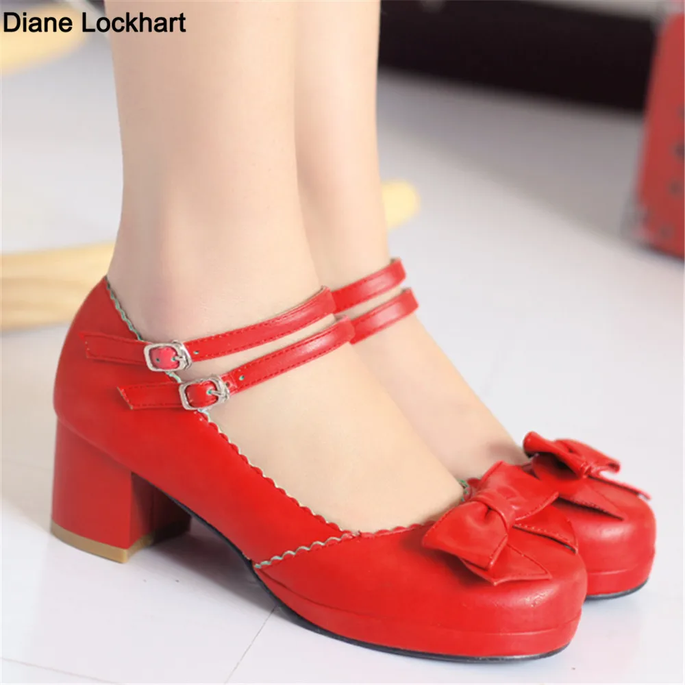 2024 Spring Women Low Heel Round Toe Straps Bow Cute Girls Princess Tea Party Lolita Students Lovely Shoes Size 33-43 Red Purple 1