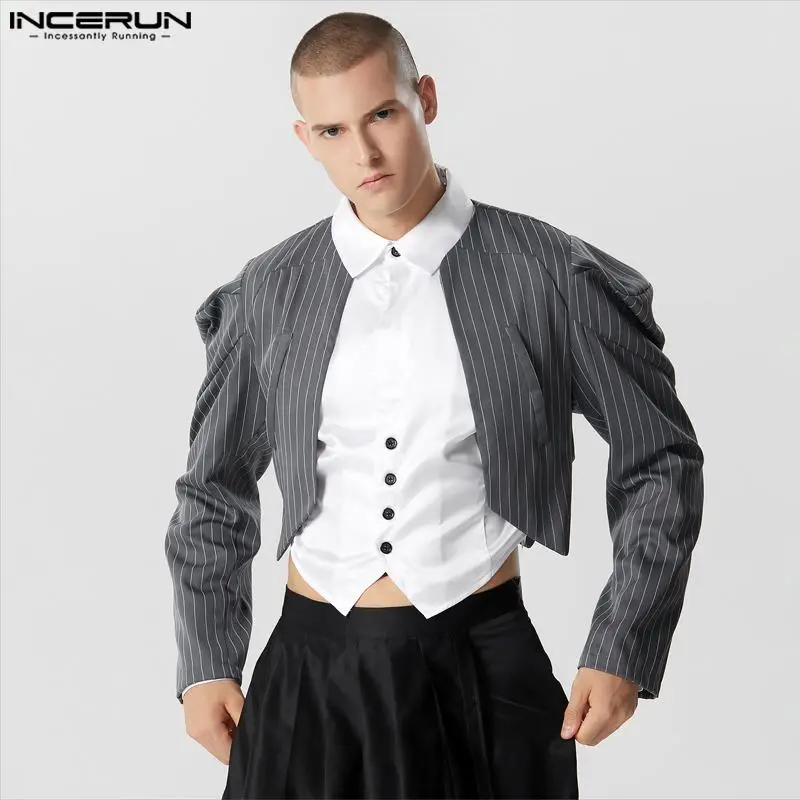 2023 Men Striped Blazer Long Sleeve Open Stitch Casual Irregular Suits Men Personality Streetwear Fashion Crop Coats INCERUN 7 1