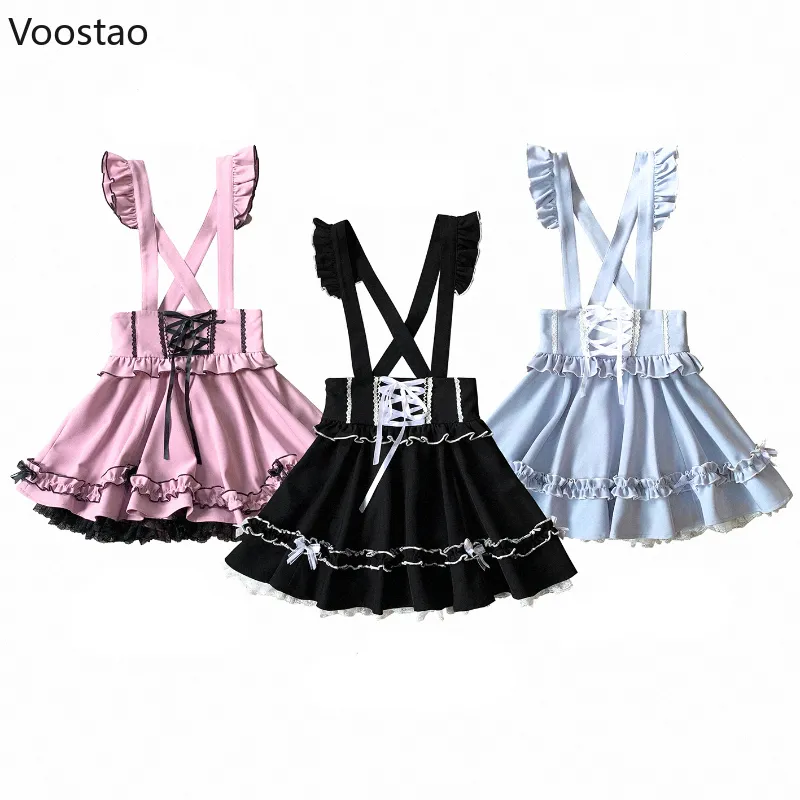 Kawaii Lolita Cake Skirt Girls Harajuku Gothic Bandage Ruffles Bow Lace Suspender Skirt Women Sweet Sexy Cute Y2k Party Skirts 1