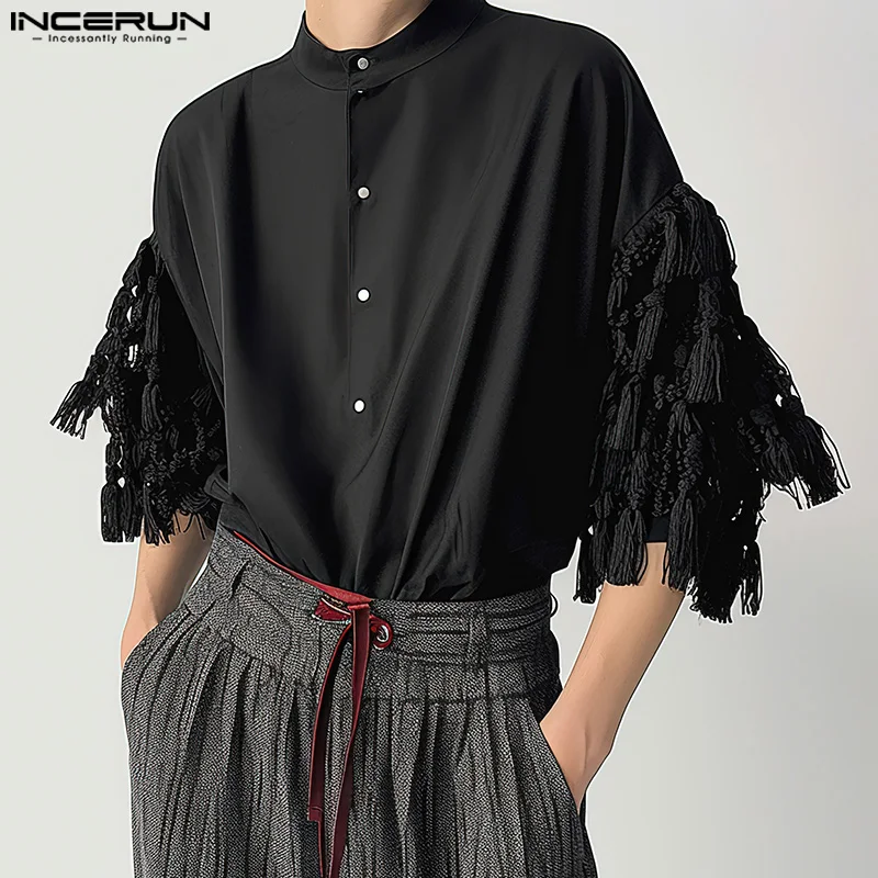 Men's Shirt Tassel Patchwork Stand Collar Short Sleeve Loose Men Clothing Streetwear 2024 Fashion Casual Shirts S-5XL INCERUN 1