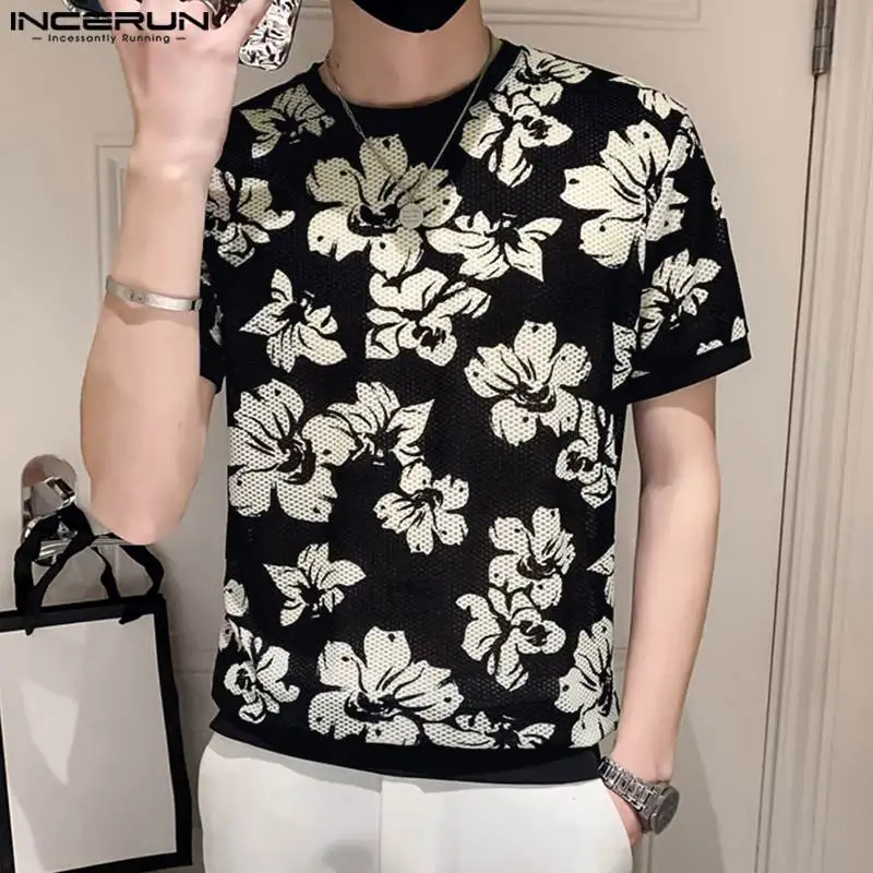 2023 Men T Shirt Flower Print O-neck Short Sleeve Casual Men Clothing Transparent Streetwear Summer Sexy Tee Tops S-5XL INCERUN 1