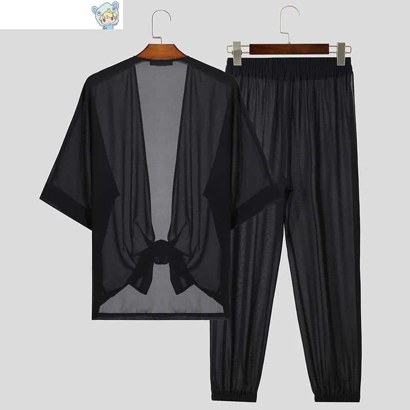 Transparentes V-Ausschnitt-Shirt & Split-Hose 2er Set Herrenanzug 4 852886710