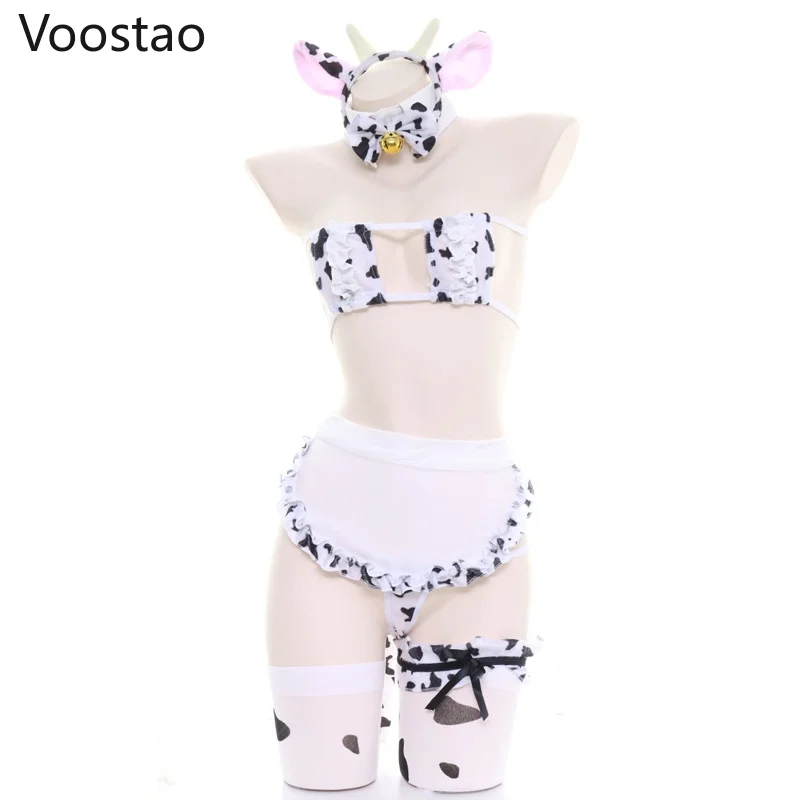 Anime Cow Cosplay Costume Maid Tankini Bikini Swimsuit Women Sexy Swimwear Clothing Lolita Bra and Panty Pajamas Set Stockings 1
