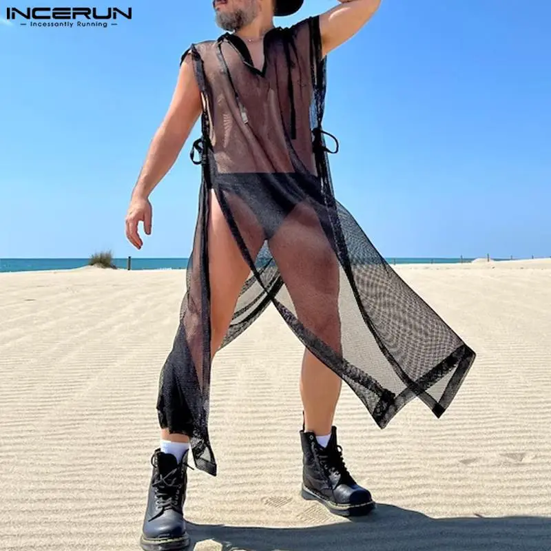 Fashion Men Tank Tops Mesh Transparent V Neck Sleeveless Lace Up Long Style Vests Streetwear 2023 Summer Men Clothing INCERUN 1