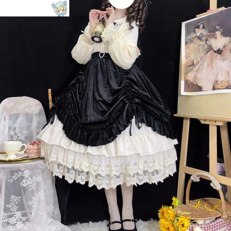 Vintage viktorianischer Lolita Samtrock mit eleganter Spitze - Abendrock - Midi-Rock für Herbst und Winter 16 94832324