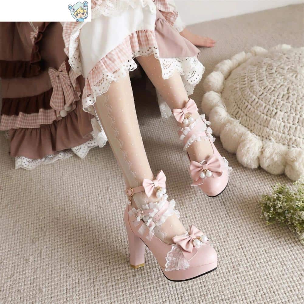Neue High Heeled Sweet Lolita Gothic Style Cosplay Schuhe mit Schleife und Perlen 27 954608840
