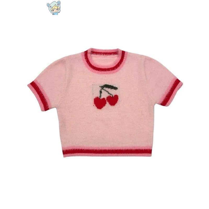 Plüsch Kirschenmuster T-Shirt Pink Crop Top O-Neck Pullover Top 19 963107668