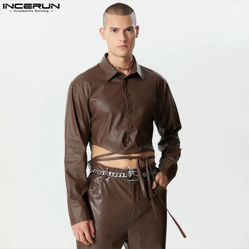 Men Shirt PU Leather Lapel Long Sleeve Lace Up Streetwear Fashion Male Crop Tops Solid Color 2023 Casual Camisas S-5XL INCERUN 7 1