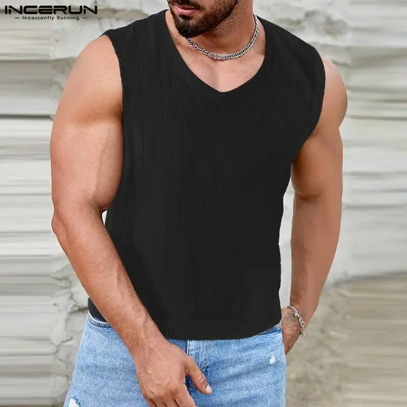 2023 Men Tank Tops V Neck Sleeveless Fitness Stylish Casual Male Vests Streetwear Solid Color Cozy Men Clothing S-5XL INCERUN 1