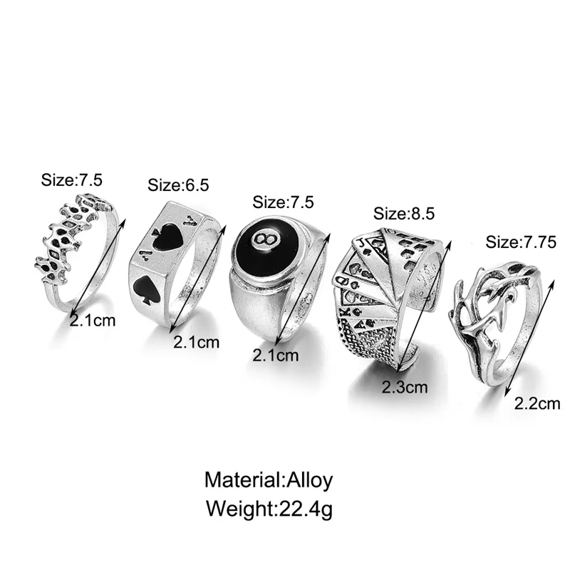 Punk Gothic Herz Ring Set Schwarz Würfel Spaten Ass Silber Retro Strass Charme Finger Schmuck 19 1209129539