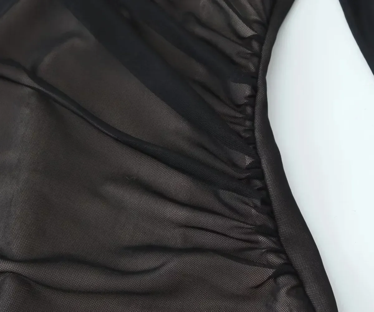 Schwarzer Netz-Bodysuit mit Rüschen und Stehkragen 17 1348280236