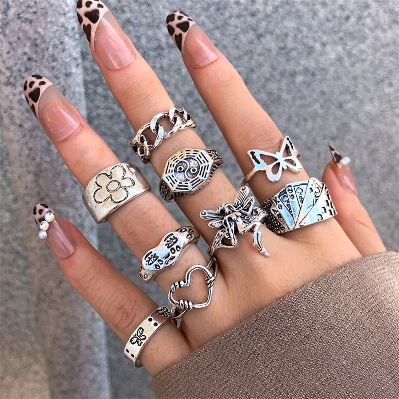 Punk Gothic Herz Ring Set Schwarz Würfel Spaten Ass Silber Retro Strass Charme Finger Schmuck 14 2192325693