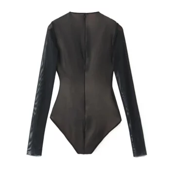 Schwarzer Netz-Bodysuit mit Rüschen und Stehkragen 8 2325342834