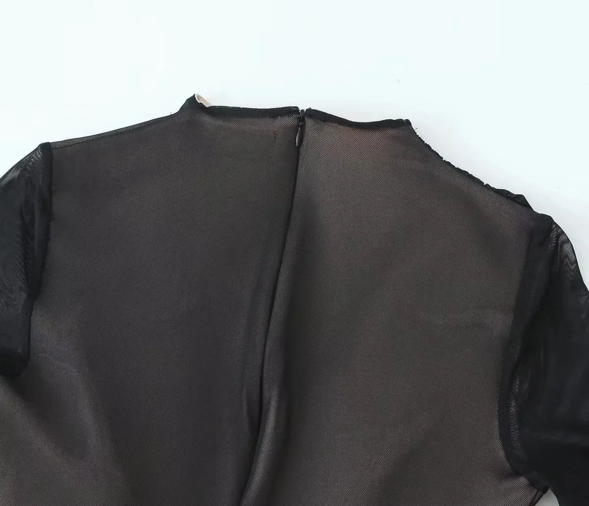 Schwarzer Netz-Bodysuit mit Rüschen und Stehkragen 21 2783863515