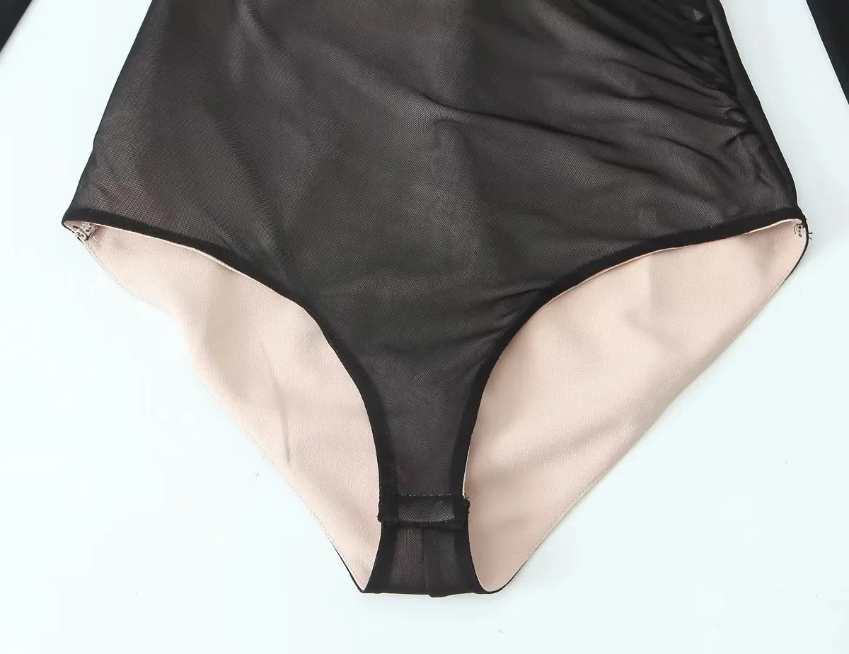 Schwarzer Netz-Bodysuit mit Rüschen und Stehkragen 32 2797552562