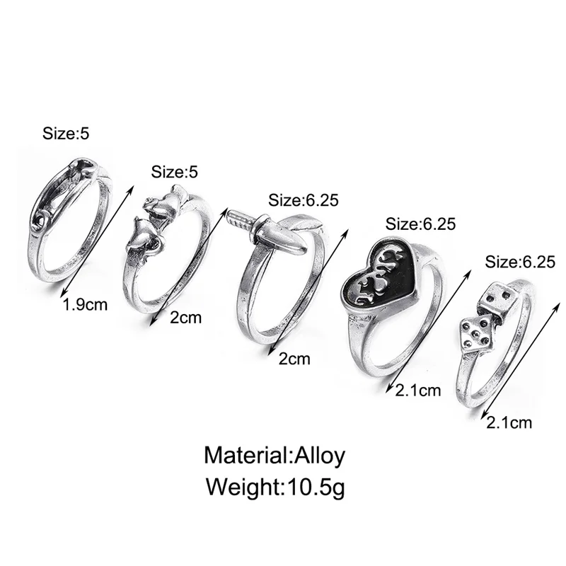 Punk Gothic Herz Ring Set Schwarz Würfel Spaten Ass Silber Retro Strass Charme Finger Schmuck 16 3018704262