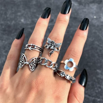 Punk Gothic Herz Ring Set Schwarz Würfel Spaten Ass Silber Retro Strass Charme Finger Schmuck 9 3162853221