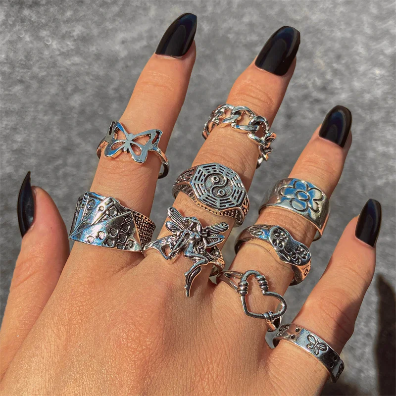 Punk Gothic Herz Ring Set Schwarz Würfel Spaten Ass Silber Retro Strass Charme Finger Schmuck 13 3626083803
