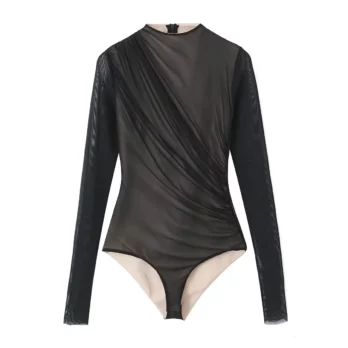 Schwarzer Netz-Bodysuit mit Rüschen und Stehkragen 7 3640637117