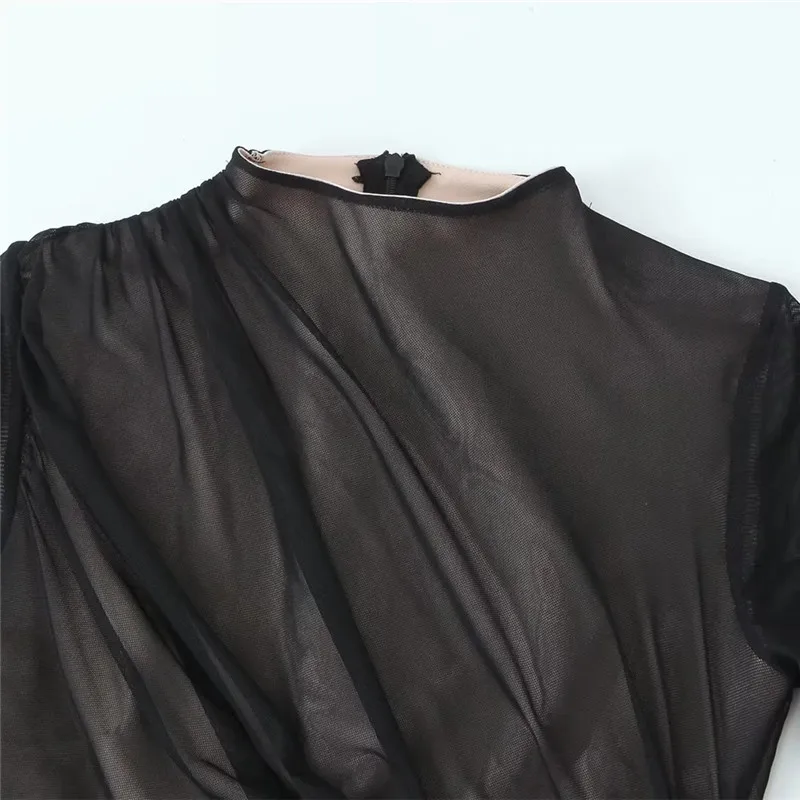 Schwarzer Netz-Bodysuit mit Rüschen und Stehkragen 4 508782299