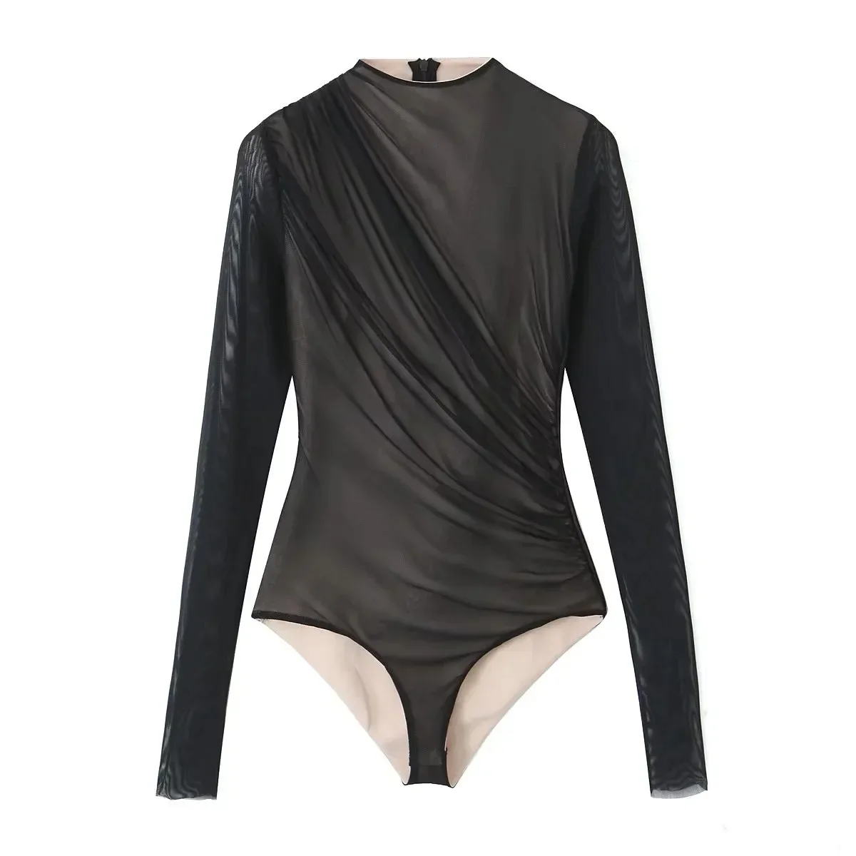 Schwarzer Netz-Bodysuit mit Rüschen und Stehkragen 14 991605196