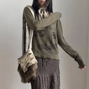 Karrram Grunge Distressed Knitted Tops Vintage Broken Ribbed Tops Wasteland Punk V-neck T-shirts Japanese Y2k Knitwear Harajuku 4