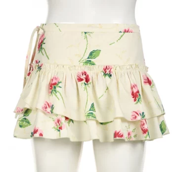 2024 Women Fairycore Aesthetic Cottagecore Y2k Skirt Grunge Florals Printed Low Waist Lace-up Skirt Vintage Pastel Goth Skirt 3
