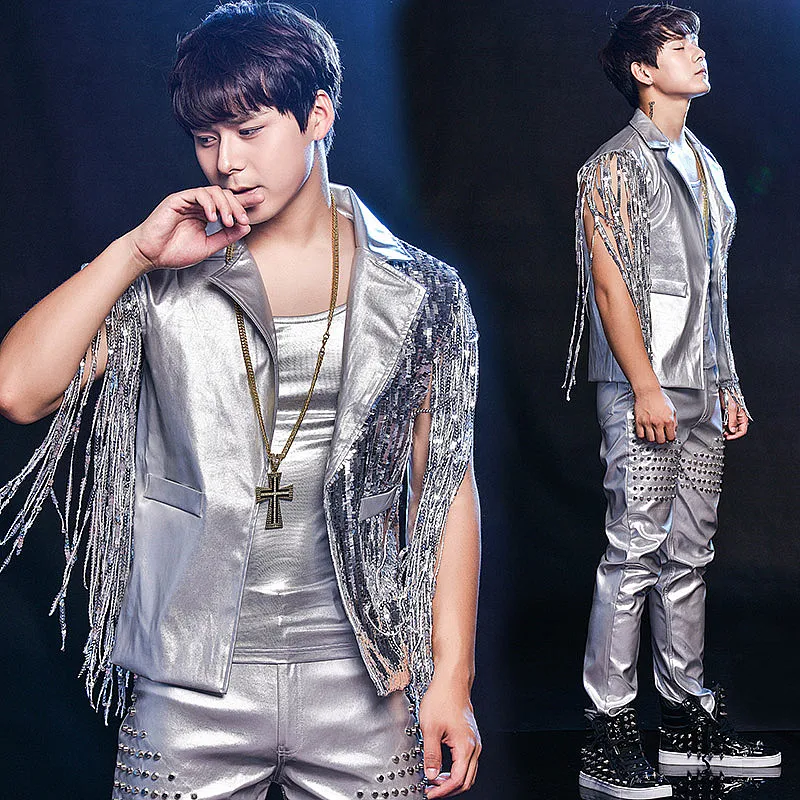 Silver Jazz Dance Costume Sequin Stage Wear For Nightclub Men Singers Tassel DJ DS Hip Hop Gogo Performance Clothing outfits 1