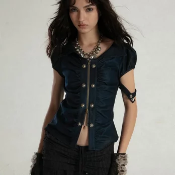 Karrcat Grunge Aesthetics Zipper T-shirt Trashy Y2k Irregular Tops Vintage Wasteland Punk Short Sleeve Tee Shirt American Retro 2
