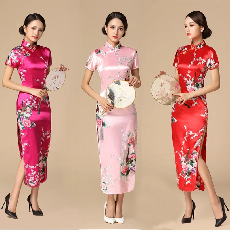 Women Satin Cheongsam Chinese Traditional Mandarin Collar Evening Party Dress Print Peacock Sexy Split Qipao Vestidso 1
