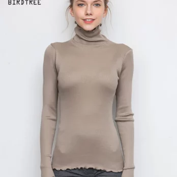 Birdtree 70%Silk 30%Cotton Women Pullovers Solid Turtleneck Slim Rib Sweaters 2023 Autumn Winter Bottoming Knit wear T36075QC 1