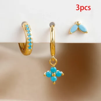 3PCS Exquisite Green Zircon Hanging Earrings Set for Women Stainless Steel Flower Dangle Earring Cartilage Piercing Jewelry 5