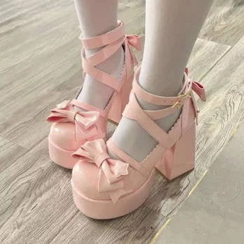 Lolita Shoes Women High Heels Shoes Woman Chunky Sandals Summer Mary Janes PU Leather Shoes Retro Bow Party Platform Pumps 4
