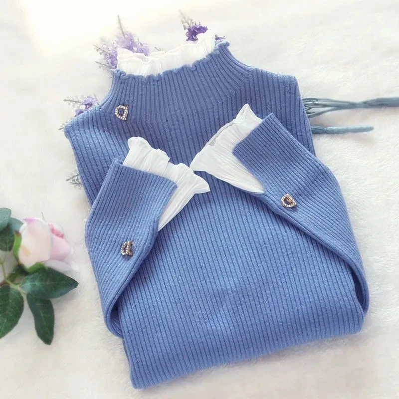 Koreanisches Patchwork-Warmstrickpullover mit elegantem Turtleneck in Pink 3 Korean Patchwork Warm Sweater Women Elegant Long Sleeve Slim Turtleneck Knitted Pink Tops Chic Ruffle Pullover Fake 2 Pieces 3