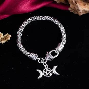 Triple Moon Goddess Bracelets for Men Women Vintage Heart Lock Wheat Chain Bracelet Magic Pentagram Amulet Witch Wicca Jewelry 5