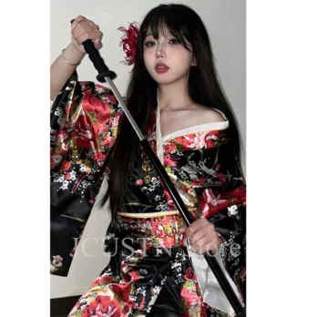 Onesize Japanese Kimono Women Satin Bathrobe Evening Party Prom Gown Vintage Cosplay Costume Yukata Dress Traditional Clothing 1
