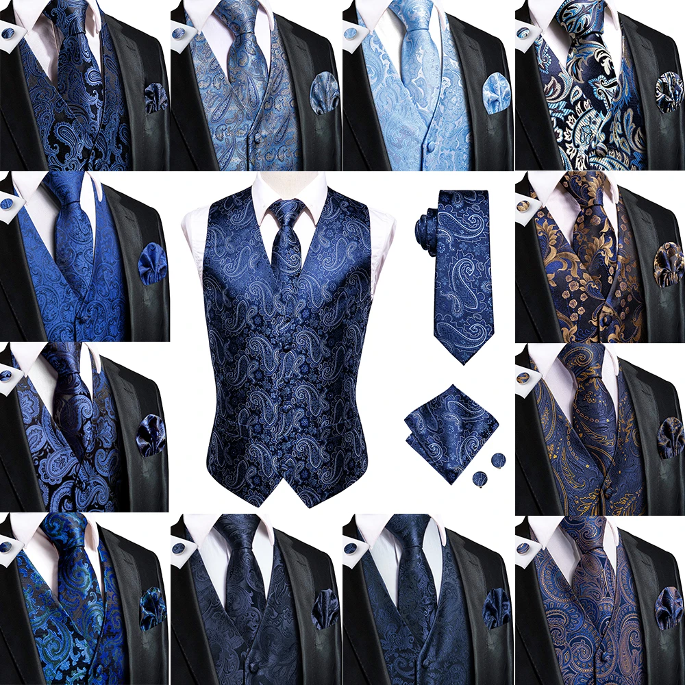 Hi-Tie Navy Blue Mens Vest Formal Silk Paisley Waistcoat Jacket Tie Handkerchief Cufflinks Set For Male Dress Suit Wedding Party 1