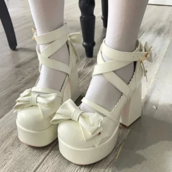 Lolita Shoes Women High Heels Shoes Woman Chunky Sandals Summer Mary Janes PU Leather Shoes Retro Bow Party Platform Pumps 3