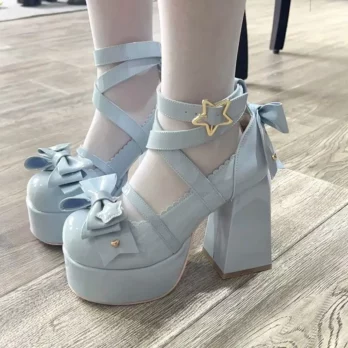 Lolita Shoes Women High Heels Shoes Woman Chunky Sandals Summer Mary Janes PU Leather Shoes Retro Bow Party Platform Pumps 1