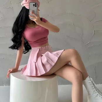 WOMENGAGA Summer Skorts High-quality Sexy A-LINE Safety Skirts Pleated Skirt Half Length Short Skirt Belt Fashion Women E4H4 4